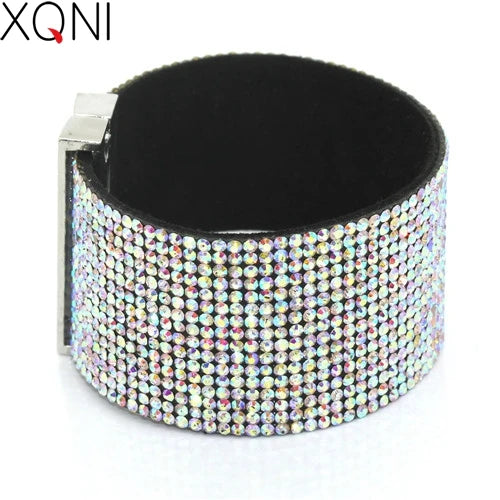 XQNI Brand Classic Crystal Female Leather Bracelet Bangles 19CM High Quality Rhinestone Wrap Charm Women Bracelet Jewelry