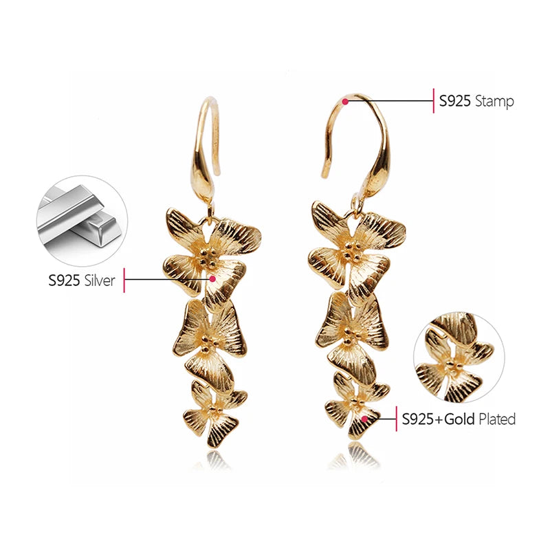 Lotus Fun Real 925 Sterling Silver Original Handmade Fine Jewelry 18K Gold Triple Flowers Fashion Drop Earrings for Women Gift