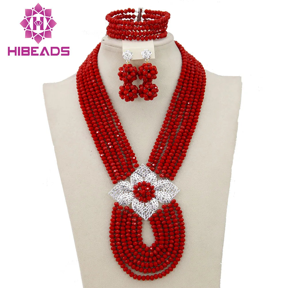 Hot New Bridal Jewelry Sets Red Nigerian Wedding African Beads Jewelry Set Crystal Fashion Gift Necklace Free Shipping ABJ880