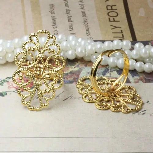 10pcs  Filigree Adjustable Ring Blank Base with 20*30mm Flower Shaped Flat Pad for DIY Jewelry Making Antique Bronze/Silver/Gold