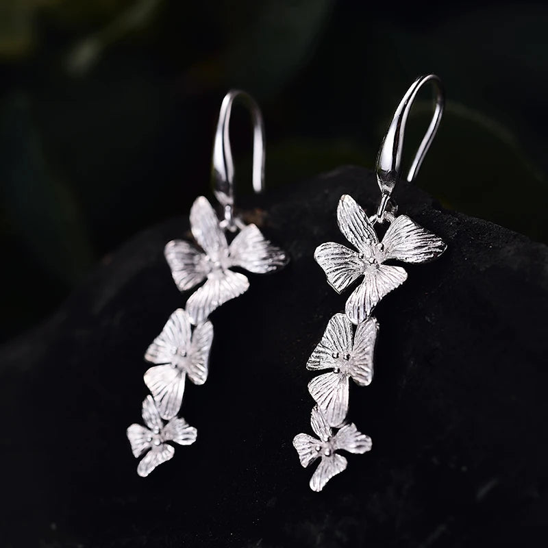 Lotus Fun Real 925 Sterling Silver Original Handmade Fine Jewelry 18K Gold Triple Flowers Fashion Drop Earrings for Women Gift