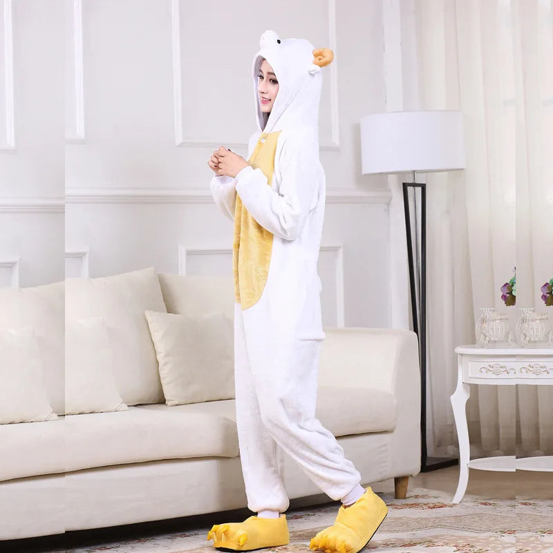 Animal Goat Kigurumis Adult Onesie  Cartoon Pajamas Flannel Warm Lovely Party Suit White Sheep Sleepwear Women Pyjamas New