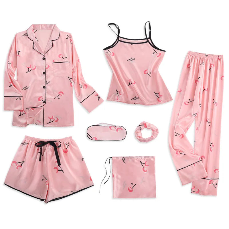 Strap Sleepwear Pyjamas Women's 7 Pieces Pink Pajamas Sets Satin Silk Lingerie Homewear Sleepwear Pyjamas Set Pijamas For Woman