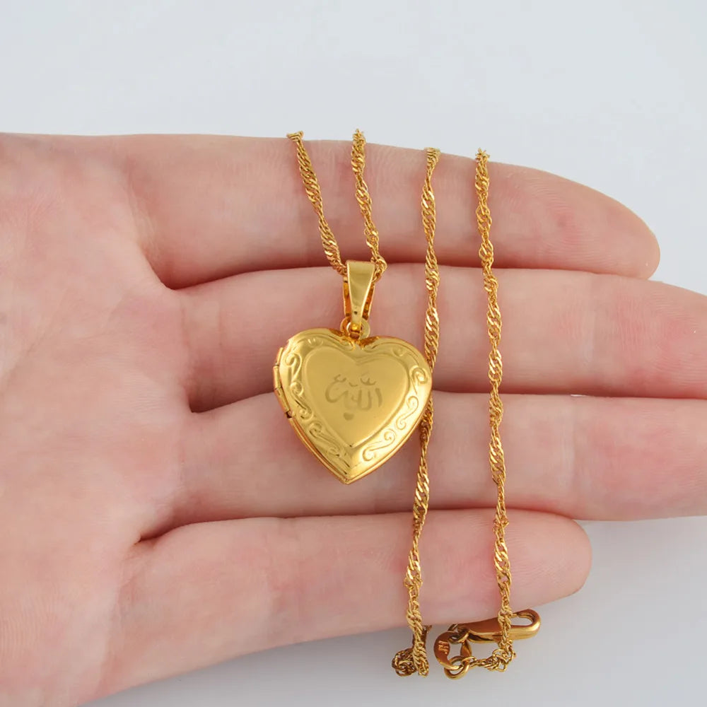 Anniyo Heart Allah Necklace Pendant for Women Muslim  Jewelry Men,Gold Plated Islam Chain Necklaces Prophet Muhammad #202002