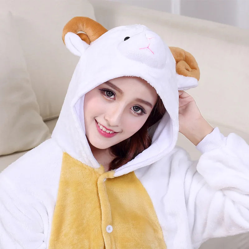 Animal Goat Kigurumis Adult Onesie  Cartoon Pajamas Flannel Warm Lovely Party Suit White Sheep Sleepwear Women Pyjamas New