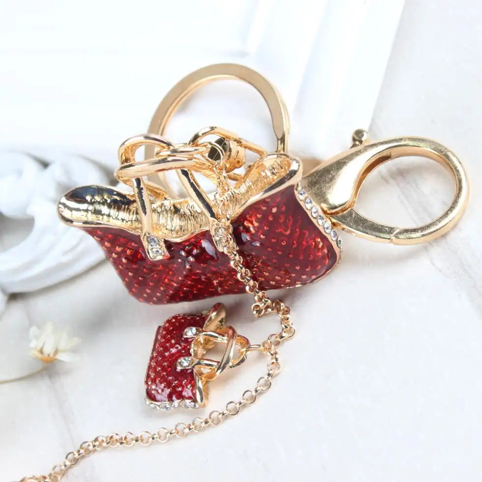 Two Red Handbag High Heel Shoe New Fashion Cute Rhinestone Crystal Car Purse Key Chain Jewelry Great Gift