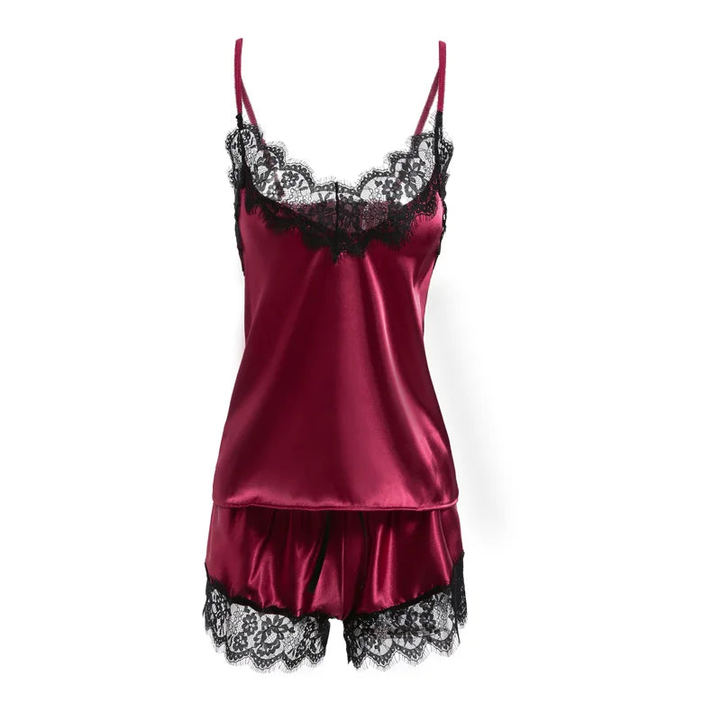 Women's Sleepwear Sexy Satin Pajama Set Black Lace V-Neck Pyjamas Sleeveless Cute Cami Top and Shorts