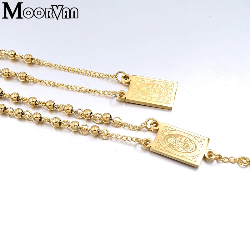 Moorvan 4mm,66cm long gold color men rosary bead necklace Stainless steel Religion of Jesus ,women cross jewelry, 2 colors