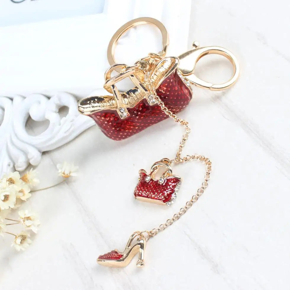 Two Red Handbag High Heel Shoe New Fashion Cute Rhinestone Crystal Car Purse Key Chain Jewelry Great Gift