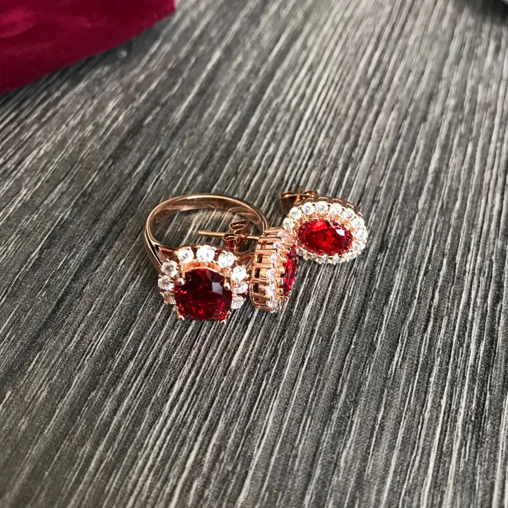 ZHOUYANG Jewelry Set For Women Korean Style Rose Gold Color Red Austrian Crystal With 2 Pcs Ring Eearrings Wholesale ZYS113