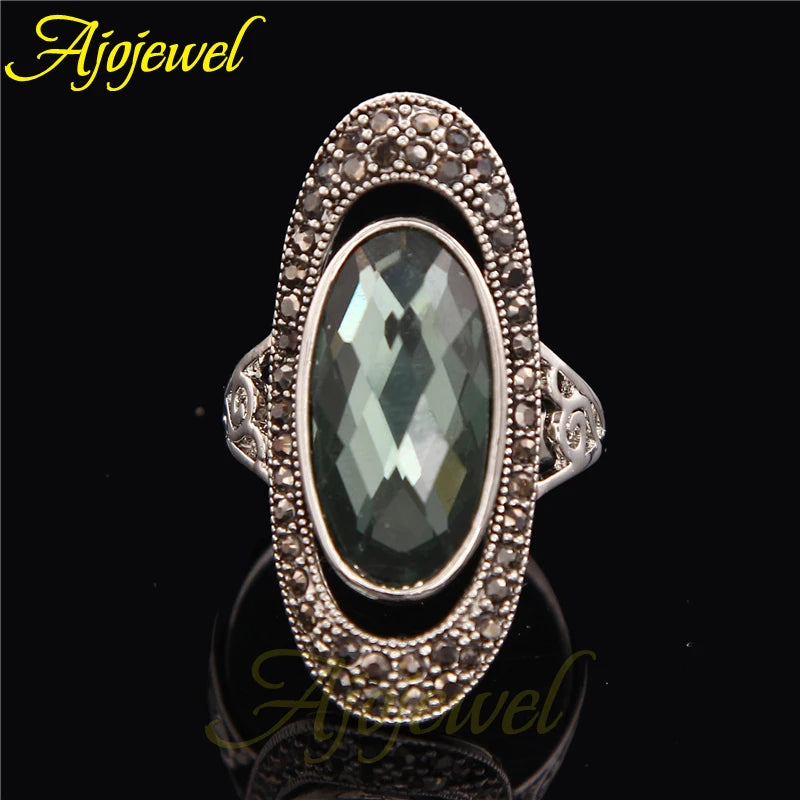 Ajojewel Women's Blue/Green Oval Crystal Ring Black CZ Vintage Finger Jewelry Wholesale Bague Femme Fashion Gift