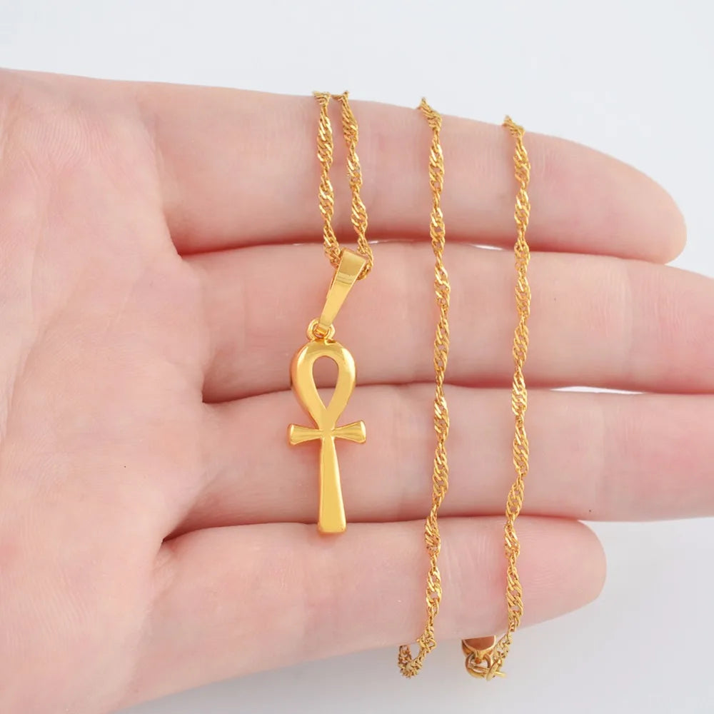 Anniyo 2.5cm Egyptian Ankh Cross Pendant Necklace Woman Gold Color/Silver Color African Charms Jewelry Egypt Hieroglyphs @057006