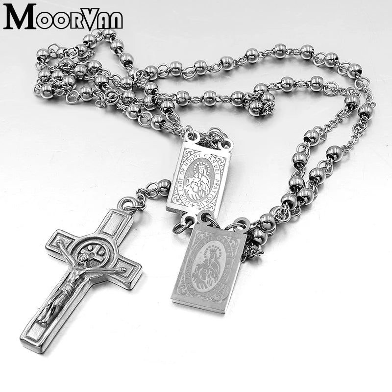 Moorvan 4mm,66cm long gold color men rosary bead necklace Stainless steel Religion of Jesus ,women cross jewelry, 2 colors