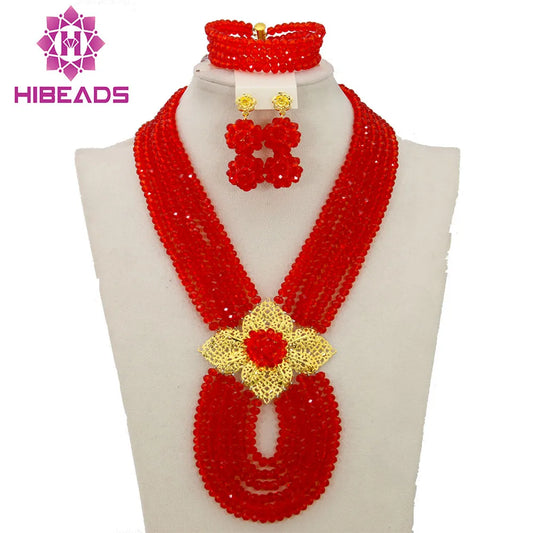 Hot New Bridal Jewelry Sets Red Nigerian Wedding African Beads Jewelry Set Crystal Fashion Gift Necklace Free Shipping ABJ880