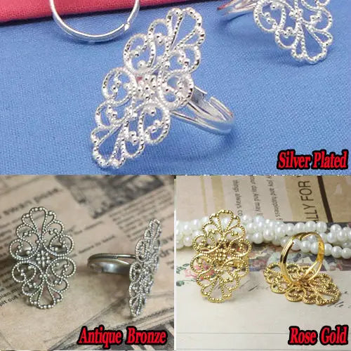 10pcs  Filigree Adjustable Ring Blank Base with 20*30mm Flower Shaped Flat Pad for DIY Jewelry Making Antique Bronze/Silver/Gold