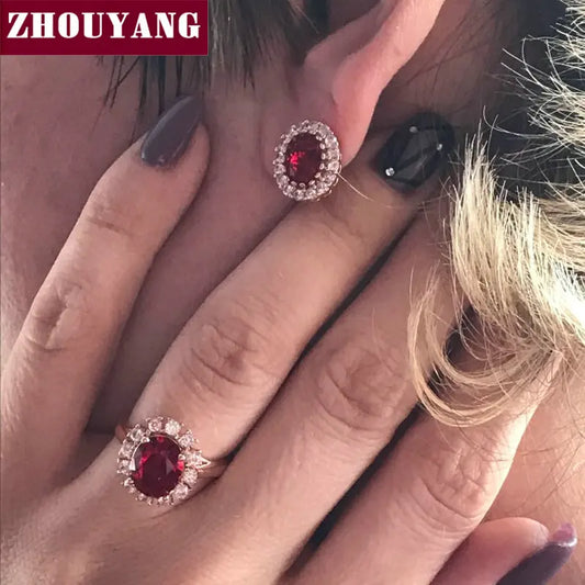 ZHOUYANG Jewelry Set For Women Korean Style Rose Gold Color Red Austrian Crystal With 2 Pcs Ring Eearrings Wholesale ZYS113