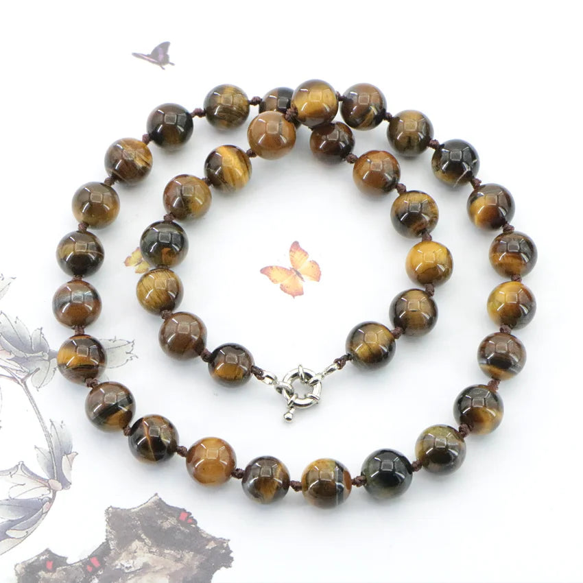 Natural 6-14mm Tiger Eye Stone Necklace Round Loose Beads Gems Stone Women Girls Wedding Christmas Gifts Jewelry Wholesale 18 "