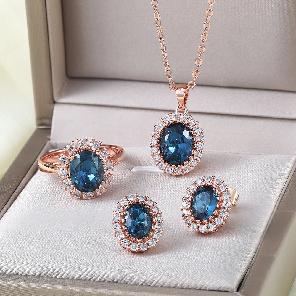 S107 Rose Gold Color AAA Green Austrian Crystal Jewelry Set 3 Pcs Ring Necklace Eearrings For Women HotSale Amazing Price