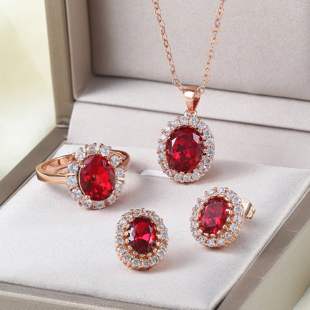 S107 Rose Gold Color AAA Green Austrian Crystal Jewelry Set 3 Pcs Ring Necklace Eearrings For Women HotSale Amazing Price