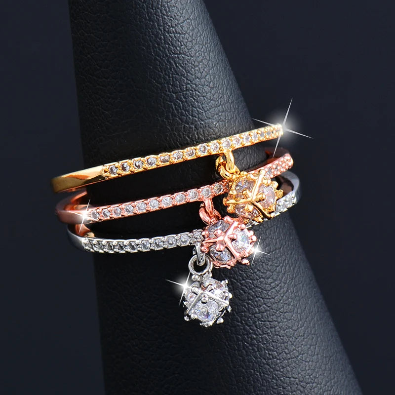 SINLEERY Charm Cubic Zirconia Crystal Inside Hollow Square Pendant Rings For Women Girls Gold Color Wedding Jewelry