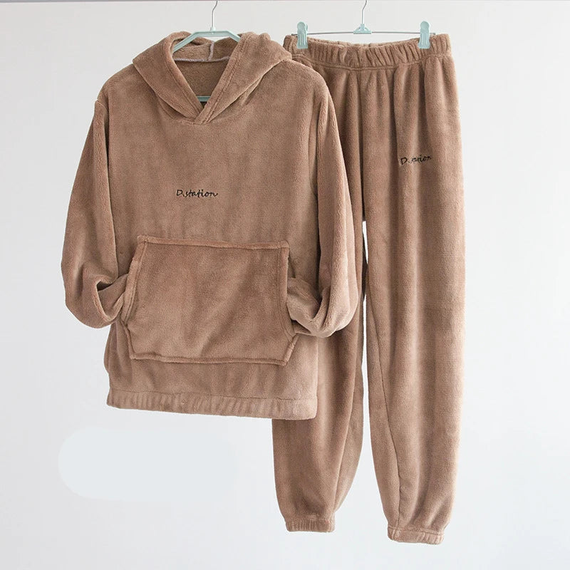 Coral Fleece Pajama Set Couple Pyjamas Suit Women Men Winter Thicken Sleepwear Loose Sleep Set Homewear Soft Warm Pijama Hoodies