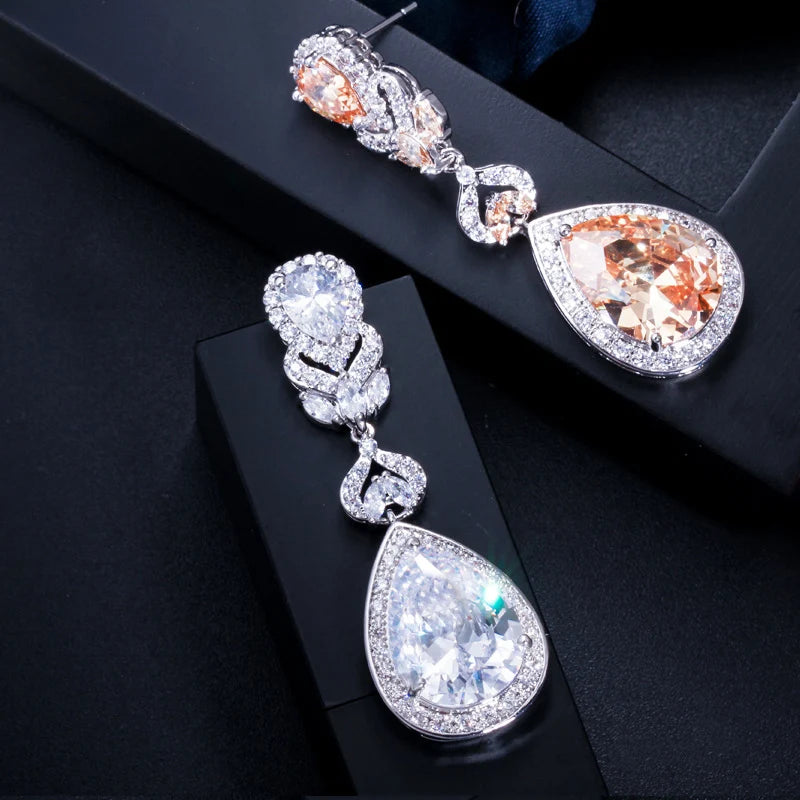 CWWZircons Elegant Water Drop Shaped Cubic Zirconia Crystal Bridal Long Earrings Luxury Wedding Jewelry for Brides CZ166