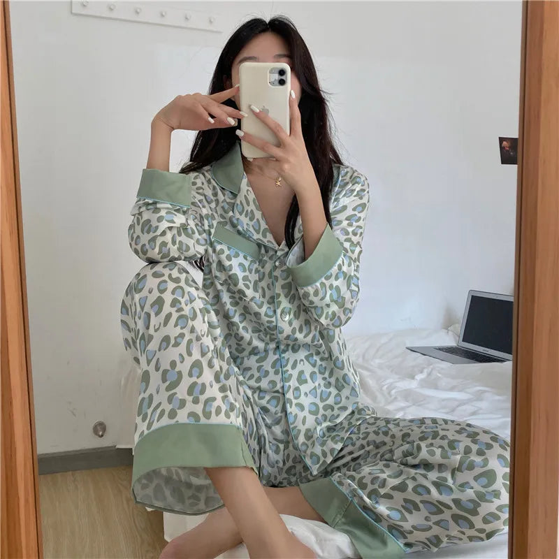 Pajamas Set for Women Luxurious Sweet Satin Pyjamas Woman Elegant Long Sleeve Long Pant Home Wear Ladies Sleepwear Sets