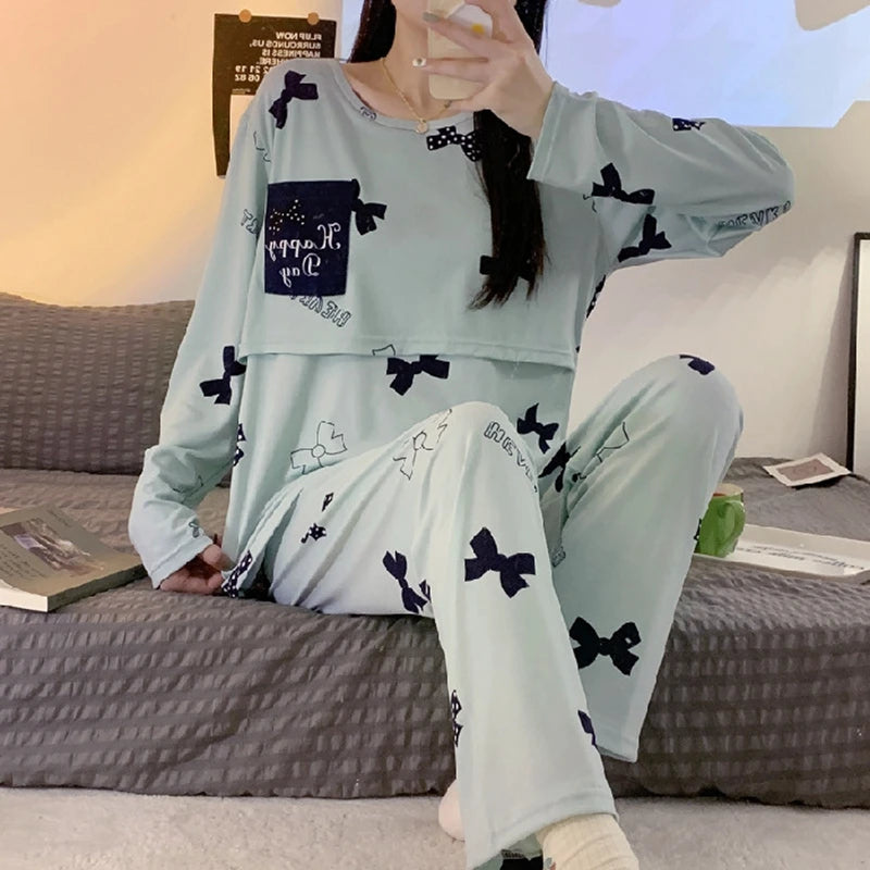 Women Nursing Pyjamas Homewear Spring Autumn Maternity Pajamas Set Cute Breastfeeding Clothes Long-sleeved Pregnancy Sleepwear