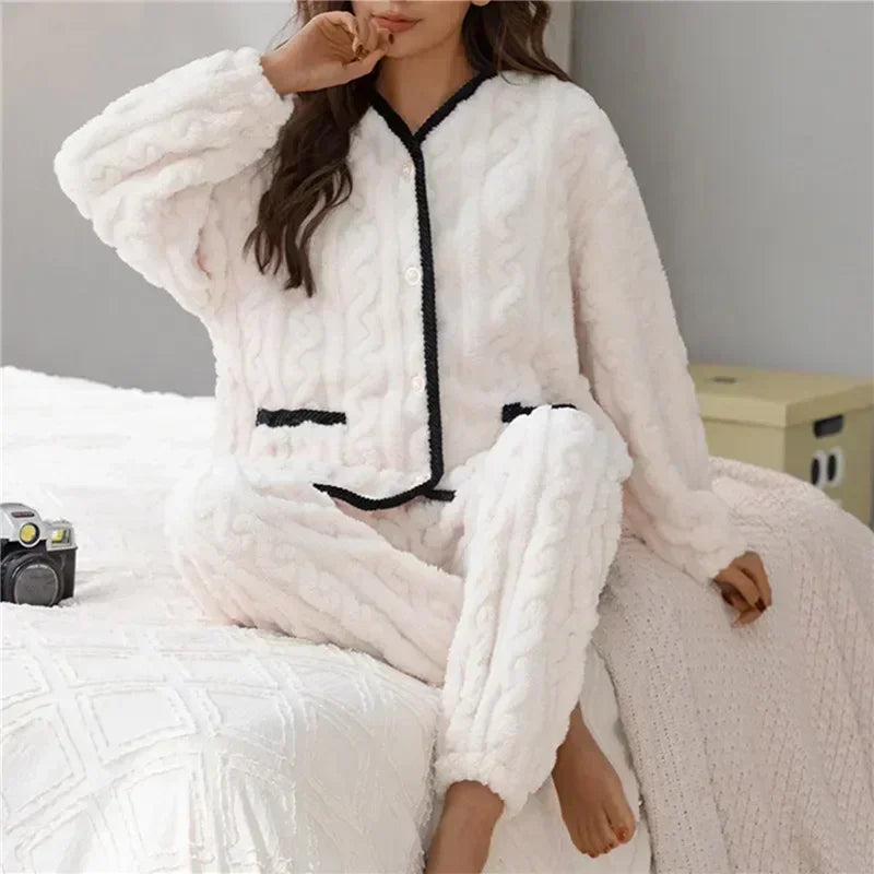 Women Thick for Set Flannel Pijamas Winter Sets Warm Pajamas Pyjamas Fleece Coral Long Pajama Sleepwear Girl