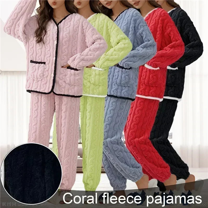 Women Thick for Set Flannel Pijamas Winter Sets Warm Pajamas Pyjamas Fleece Coral Long Pajama Sleepwear Girl