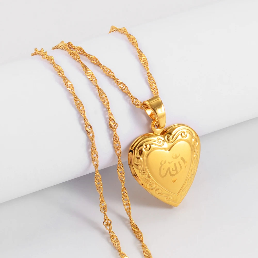 Anniyo Heart Allah Necklace Pendant for Women Muslim  Jewelry Men,Gold Plated Islam Chain Necklaces Prophet Muhammad #202002