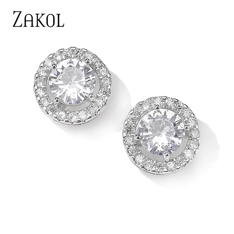 ZAKOL Fashion White Color Hearts & Arrows Stud Earrings For Women Wedding Elegant AAA Zircon Crystal Round Jewelry FSEP038