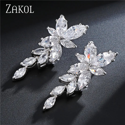 ZAKOL Fashion Leaf Zircon Wedding Earrings for Women White Gold Color Marquise Crystal Bridal Earring Party Jewelry Gift