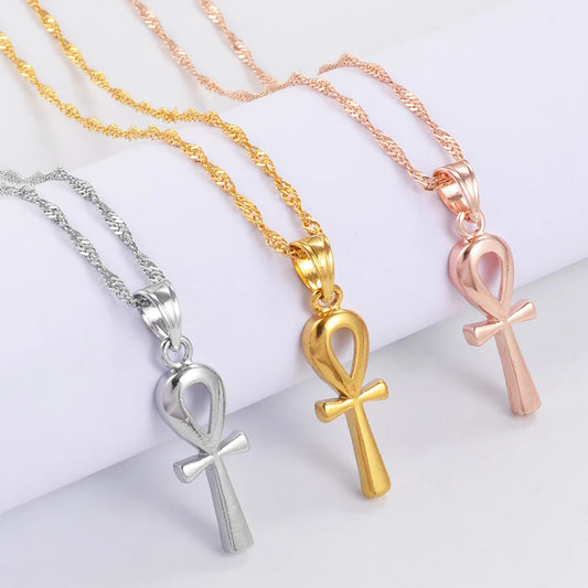 Anniyo 2.5cm Egyptian Ankh Cross Pendant Necklace Woman Gold Color/Silver Color African Charms Jewelry Egypt Hieroglyphs @057006