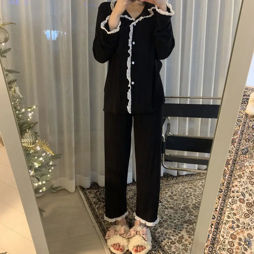 Korean Style Cute Pajama Woman Winter Autumn Sleepwear Lady Long Sleeve Tops Pants 2Piece Pyjamas Solid Lingeries Sets Nightwear