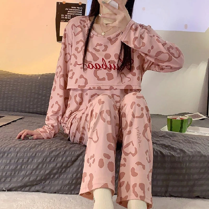 Women Nursing Pyjamas Homewear Spring Autumn Maternity Pajamas Set Cute Breastfeeding Clothes Long-sleeved Pregnancy Sleepwear