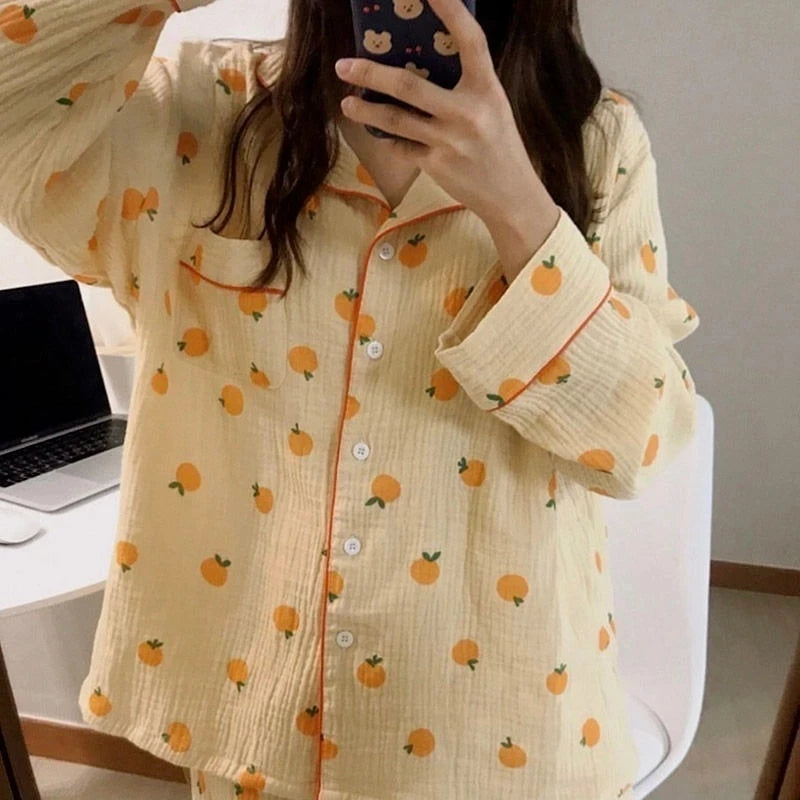 Kawaii Cotton Home Suit Korean Sleepwear Orange Print Pajamas Women Autumn Pijama Pyjamas Long Sleeve Pants 2Piece Set Nightwear