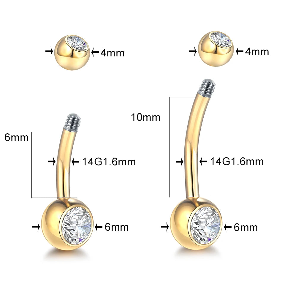 1PCS G23 Titanium 14G Gold Color Belly Button Rings Navel Nombril Piercing CZ Gem 6/8/10/12mm Bar Belly Piercing Sexy Jewelry