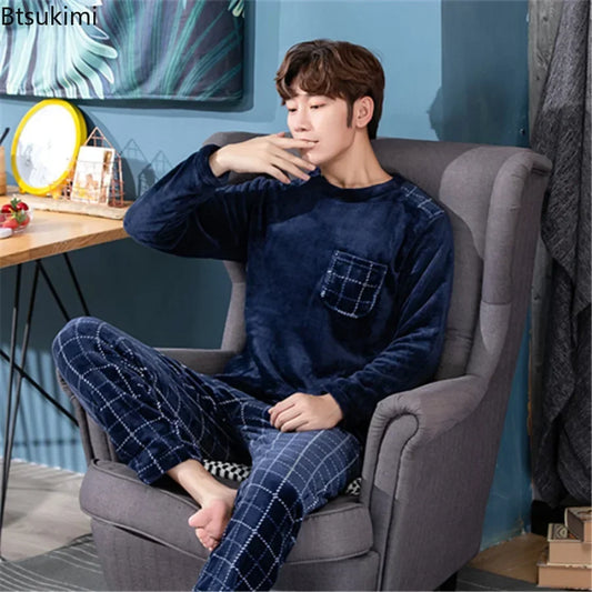 New 2024 Autumn Winter Long Sleeve Thick Warm Flannel Pajama Sets for Men Coral Velvet Soft Sleepwear Suit Pyjamas Homewear Male