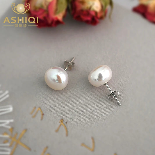 ASHIQI Real Natural Freshwater Pearl Stud Earrings 925 Sterling Silver Small Earrings Fashion Jewelry for Women Gifts