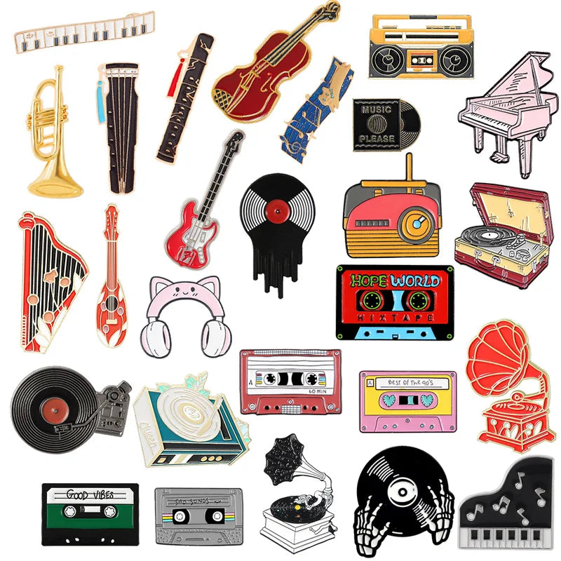 Musical Instrument Serie Enamel Pin Tape Piano Guitar Recorder Earphone Phonograph Music Brooch Lapel Badge Fashion Jewelry Gift