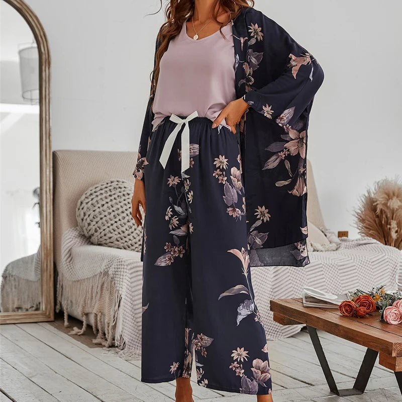 Hot Sale 3 Pcs Women Pajamas Set Viscose Floral Printed Female Pyjama Loose Sleepwear Nightwear Spring Summer Lounge Wear