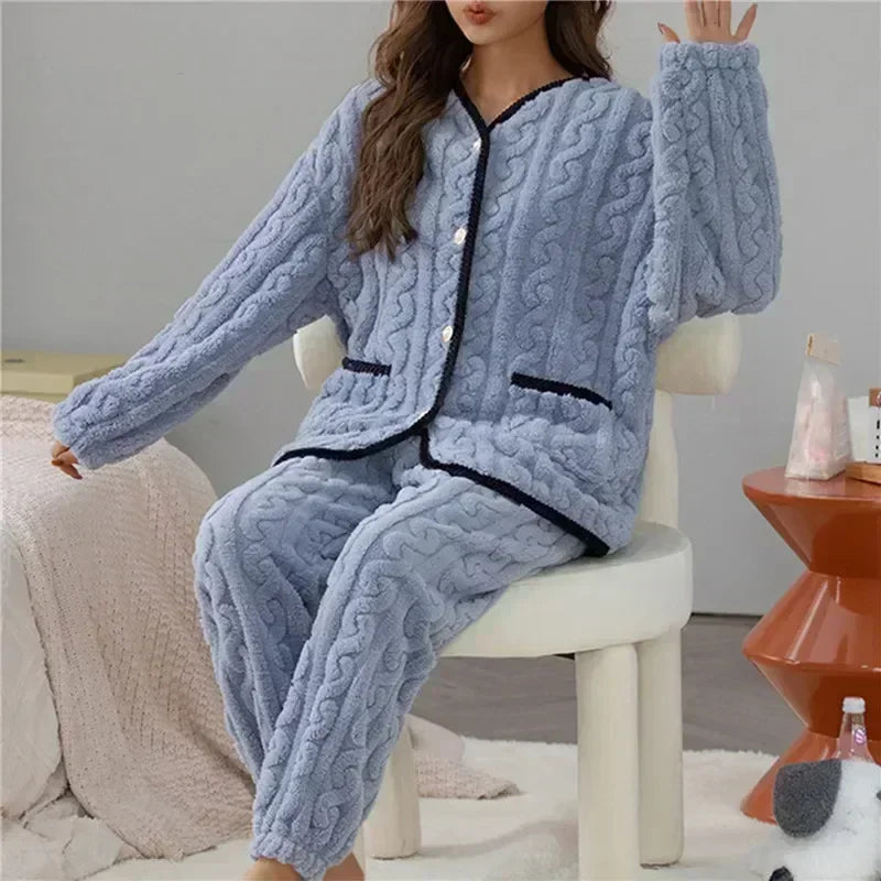 Women Thick for Set Flannel Pijamas Winter Sets Warm Pajamas Pyjamas Fleece Coral Long Pajama Sleepwear Girl