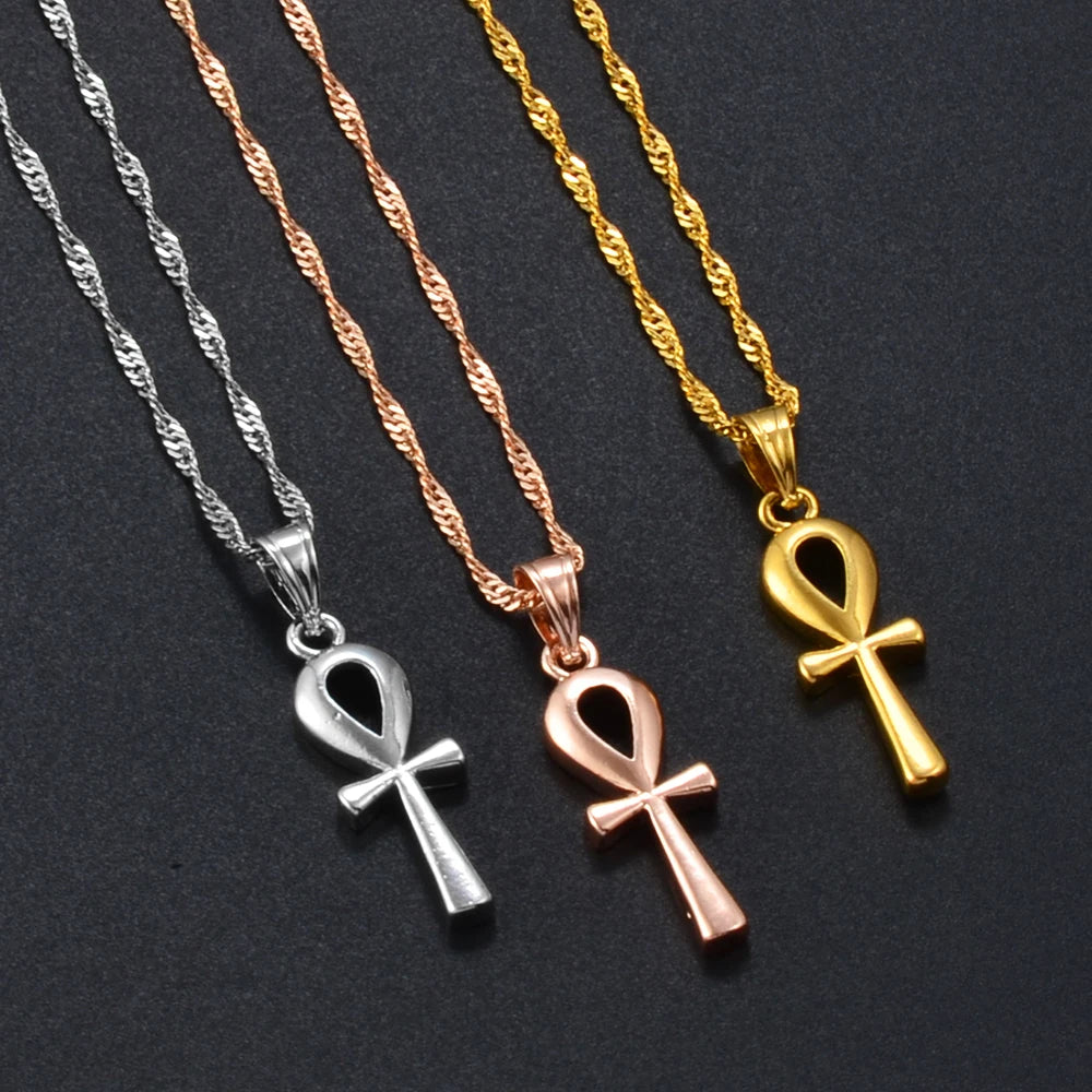 Anniyo 2.5cm Egyptian Ankh Cross Pendant Necklace Woman Gold Color/Silver Color African Charms Jewelry Egypt Hieroglyphs @057006