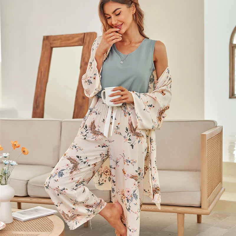 Hot Sale 3 Pcs Women Pajamas Set Viscose Floral Printed Female Pyjama Loose Sleepwear Nightwear Spring Summer Lounge Wear