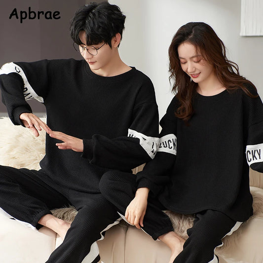 New Autumn Winter Waffle Cotton Pyjamas Long Sleeves Long Pants Pajama Sets Couple Pijamas O-Neck Leisure Sleepwear for Lovers