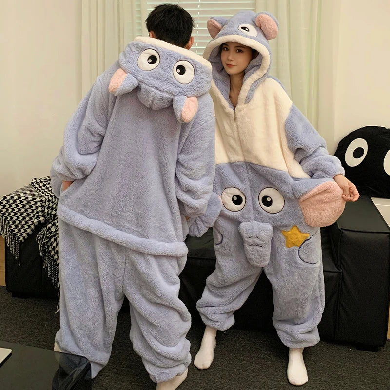 Kigurumis Elephant Women Men Pajamas Onesie Couples Jumpsuit Winter Thicken Hooded Pyjamas Bodysuit Festival Funny Homewear