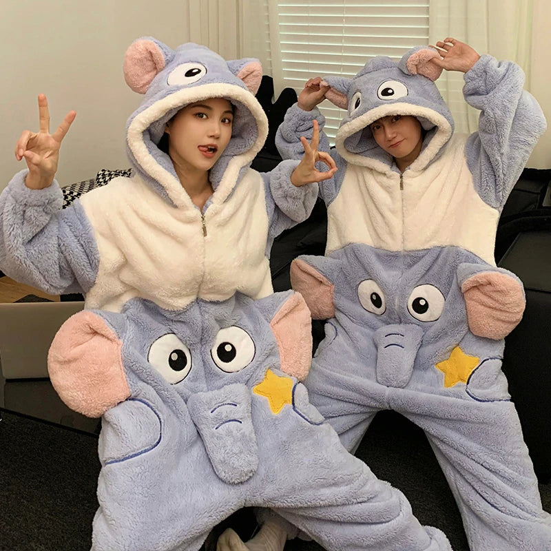 Kigurumis Elephant Women Men Pajamas Onesie Couples Jumpsuit Winter Thicken Hooded Pyjamas Bodysuit Festival Funny Homewear