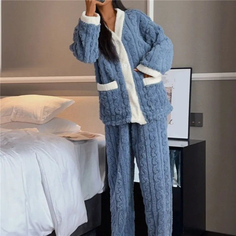 Women Pyjamas Sets 2023 Autumn Winter Warm Flannel Thick Homewear Long Sleeve Cartoon Sleepwear Female Pajamas Suit