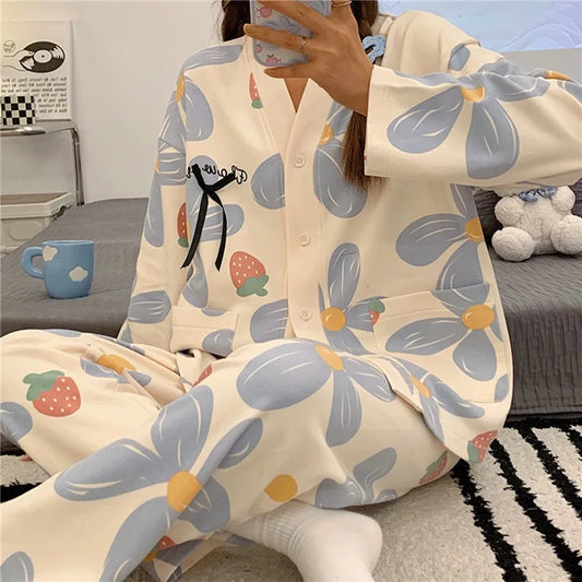 Autumn 2pieces Pyjamas Set Women Thin Sexy Sleepwear Lovely Home Suit 2023 V-Neck Girls Sleepwear long Sleeve Pajamas